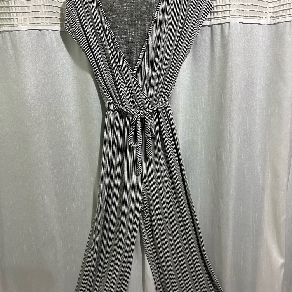 Caution To The Wind Black and White Jumpsuit with Wrap V-Neck and Tie Belt